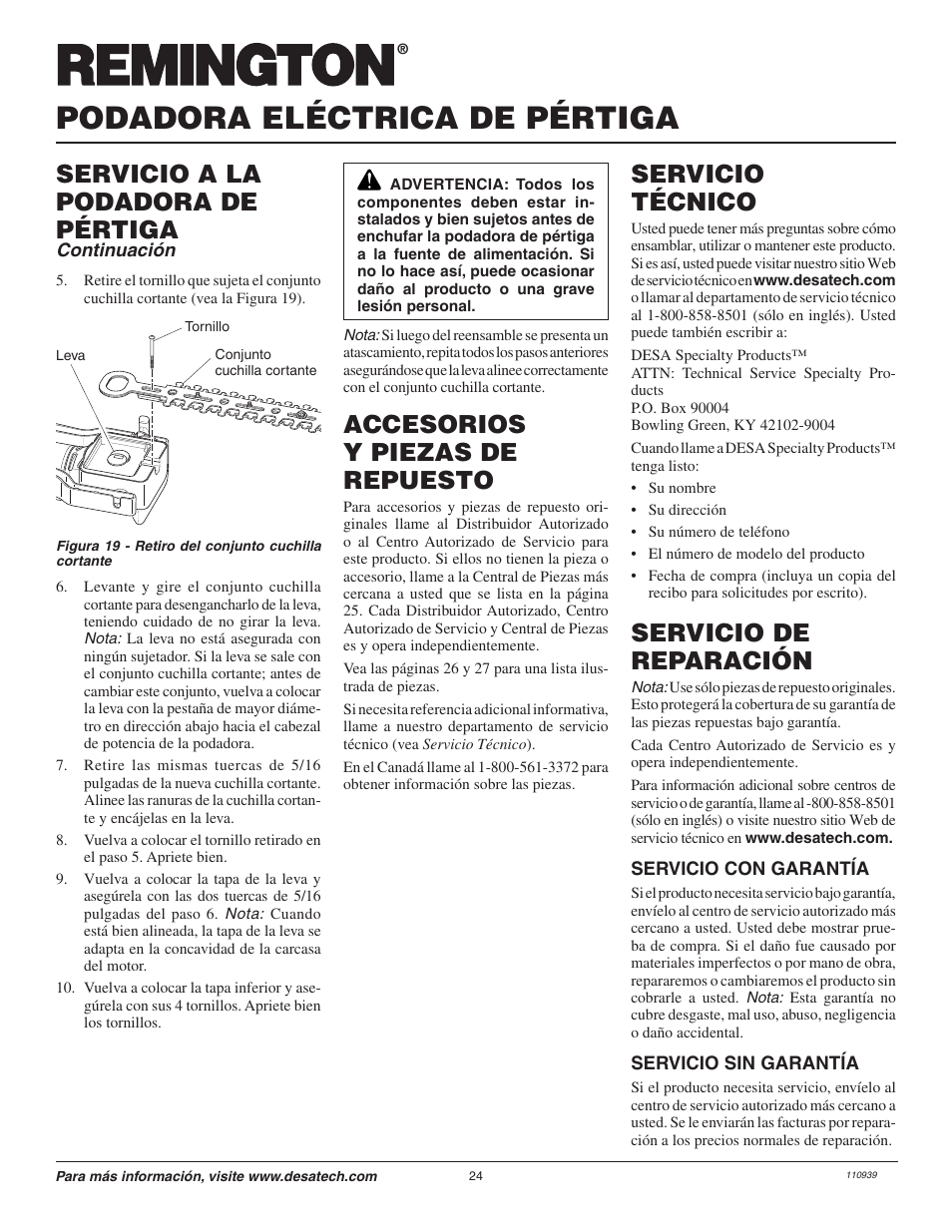 Podadora eléctrica de pértiga, Servicio a la podadora de pértiga, Servicio técnico | Servicio de reparación, Accesorios y piezas de repuesto | Remington 117535-01 User Manual | Page 24 / 44