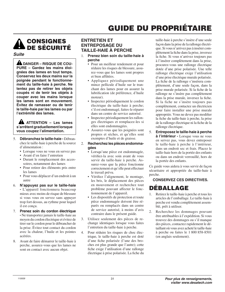 Guide du propriétaire, Consignes de sécurité déballage | Remington 117535-01 User Manual | Page 31 / 44