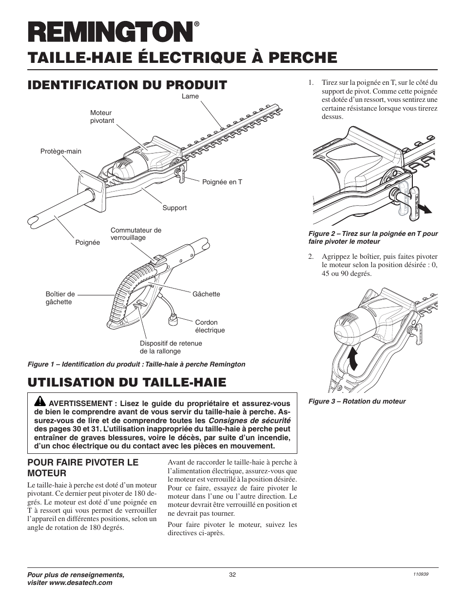Taille-haie électrique à perche, Utilisation du taille-haie, Identification du produit | Remington 117535-01 User Manual | Page 32 / 44