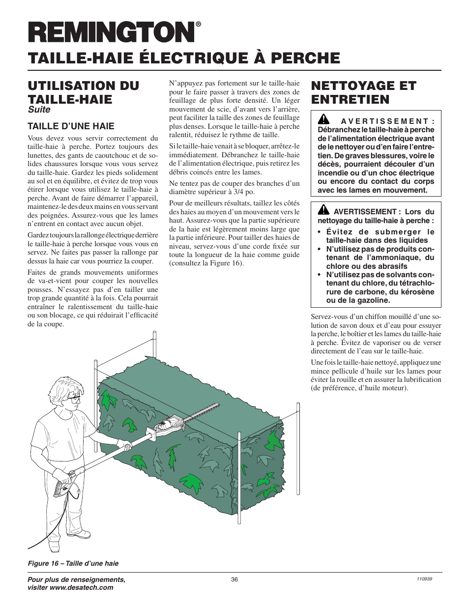 Taille-haie électrique à perche, Nettoyage et entretien, Utilisation du taille-haie | Remington 117535-01 User Manual | Page 36 / 44