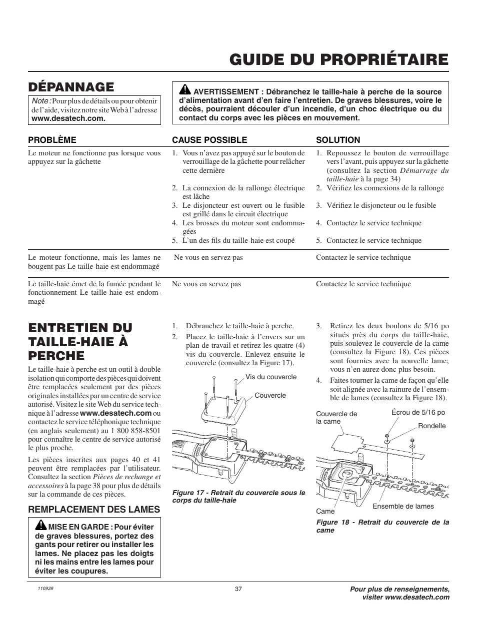 Guide du propriétaire, Dépannage, Entretien du taille-haie à perche | Remington 117535-01 User Manual | Page 37 / 44