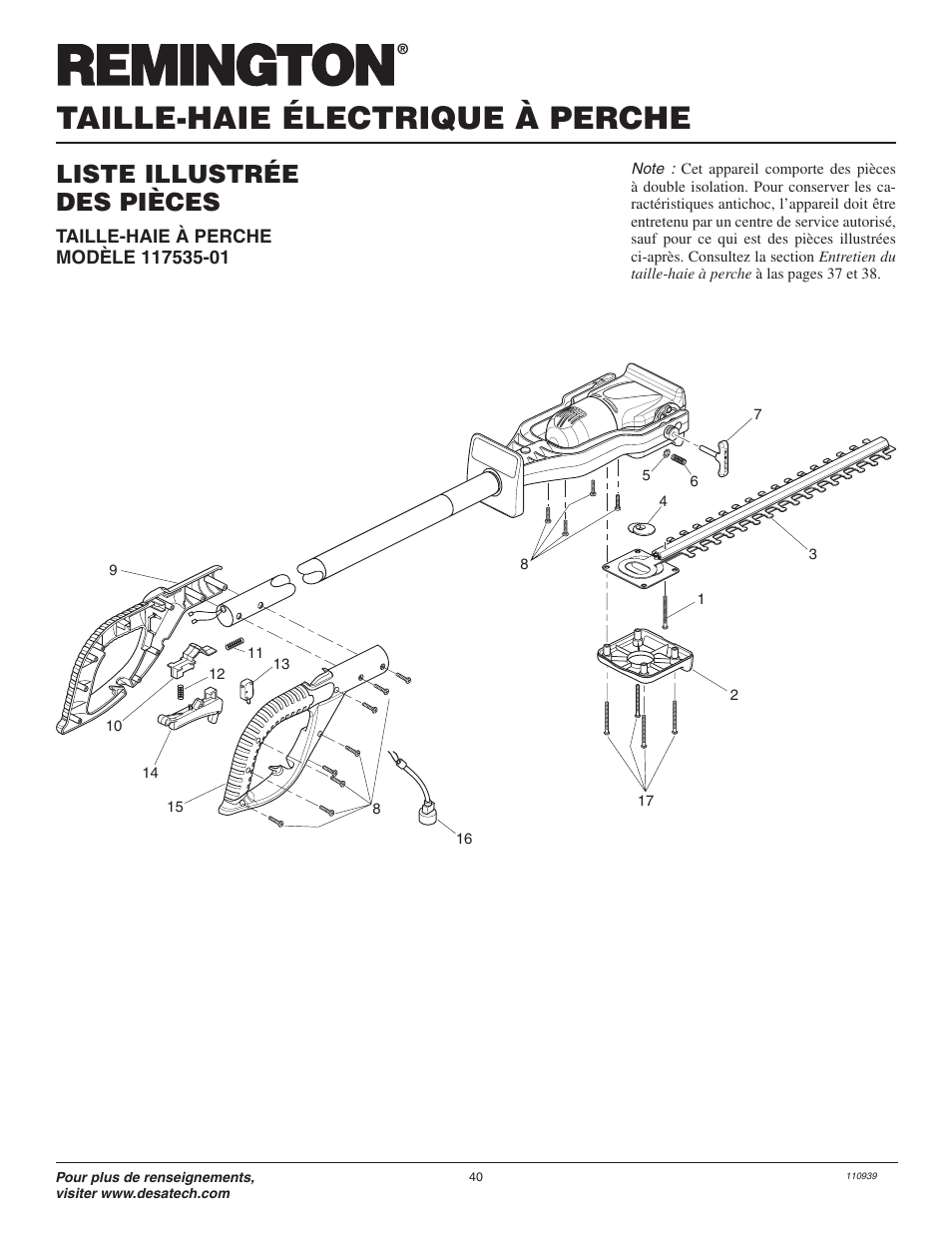 Taille-haie électrique à perche, Liste illustrée des pièces | Remington 117535-01 User Manual | Page 40 / 44