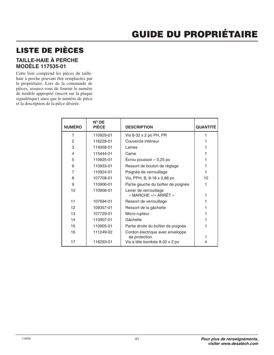 Guide du propriétaire, Liste de pièces | Remington 117535-01 User Manual | Page 41 / 44