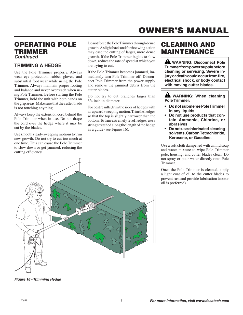 Owner’s manual, Cleaning and maintenance, Operating pole trimmer | Remington 117535-01 User Manual | Page 7 / 44
