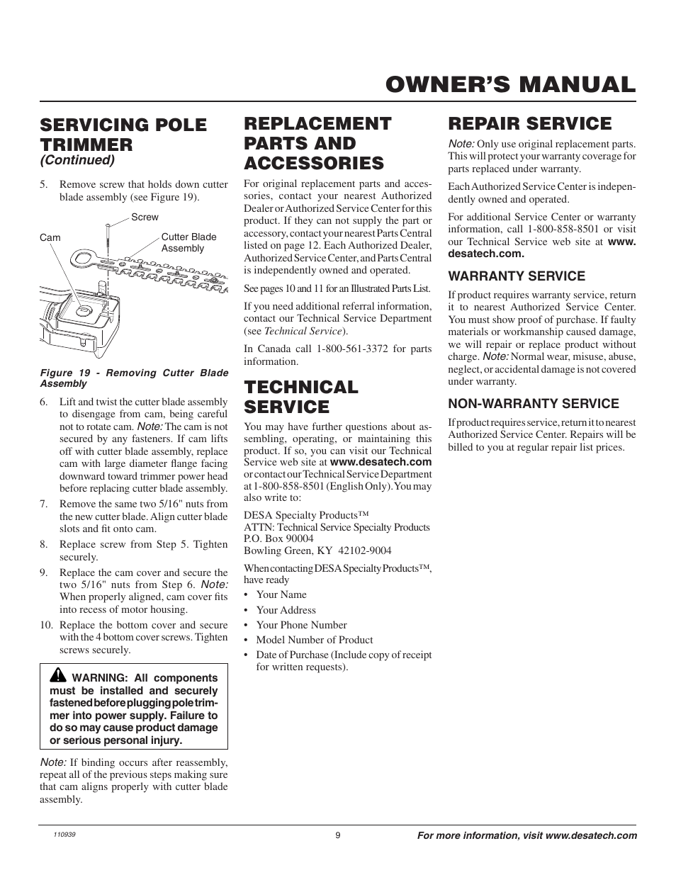 Owner’s manual, Repair service, Technical service | Replacement parts and accessories, Servicing pole trimmer | Remington 117535-01 User Manual | Page 9 / 44