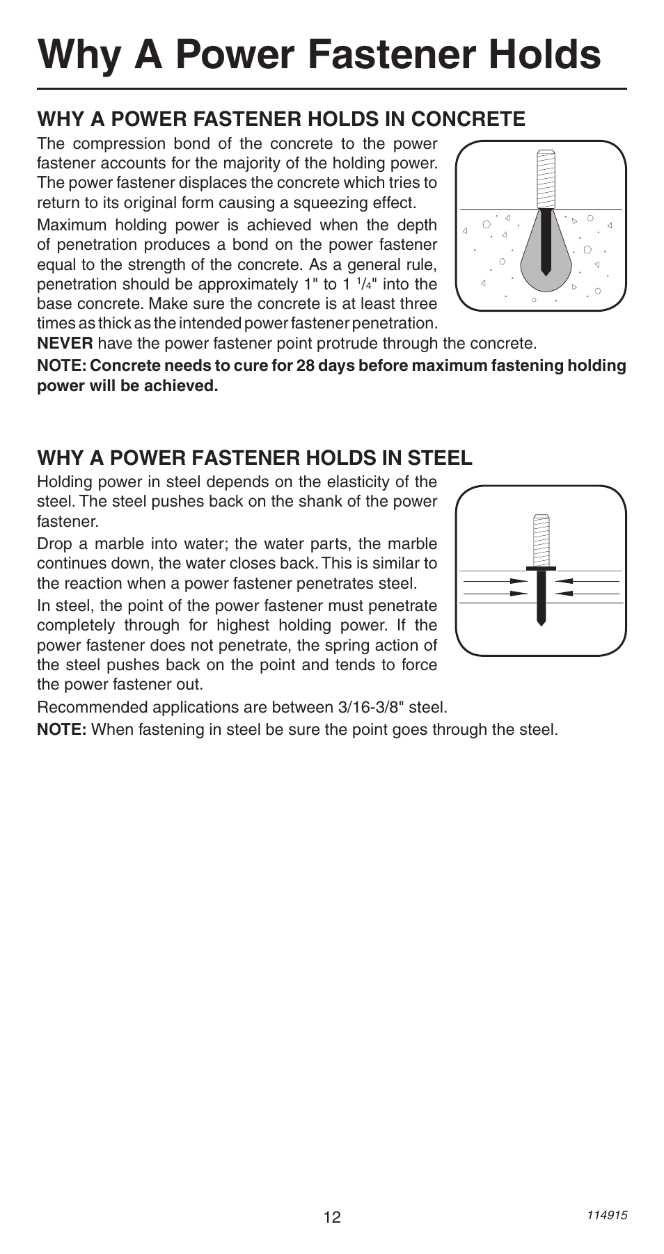 Why a power fastener holds, Why a power fastener holds in concrete, Why a power fastener holds in steel | Remington 498 User Manual | Page 12 / 88