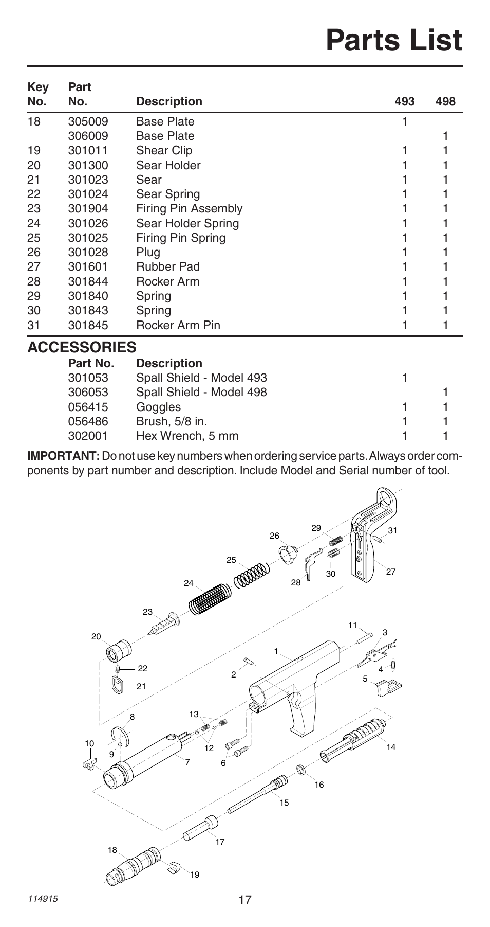 Parts list, Accessories | Remington 498 User Manual | Page 17 / 88