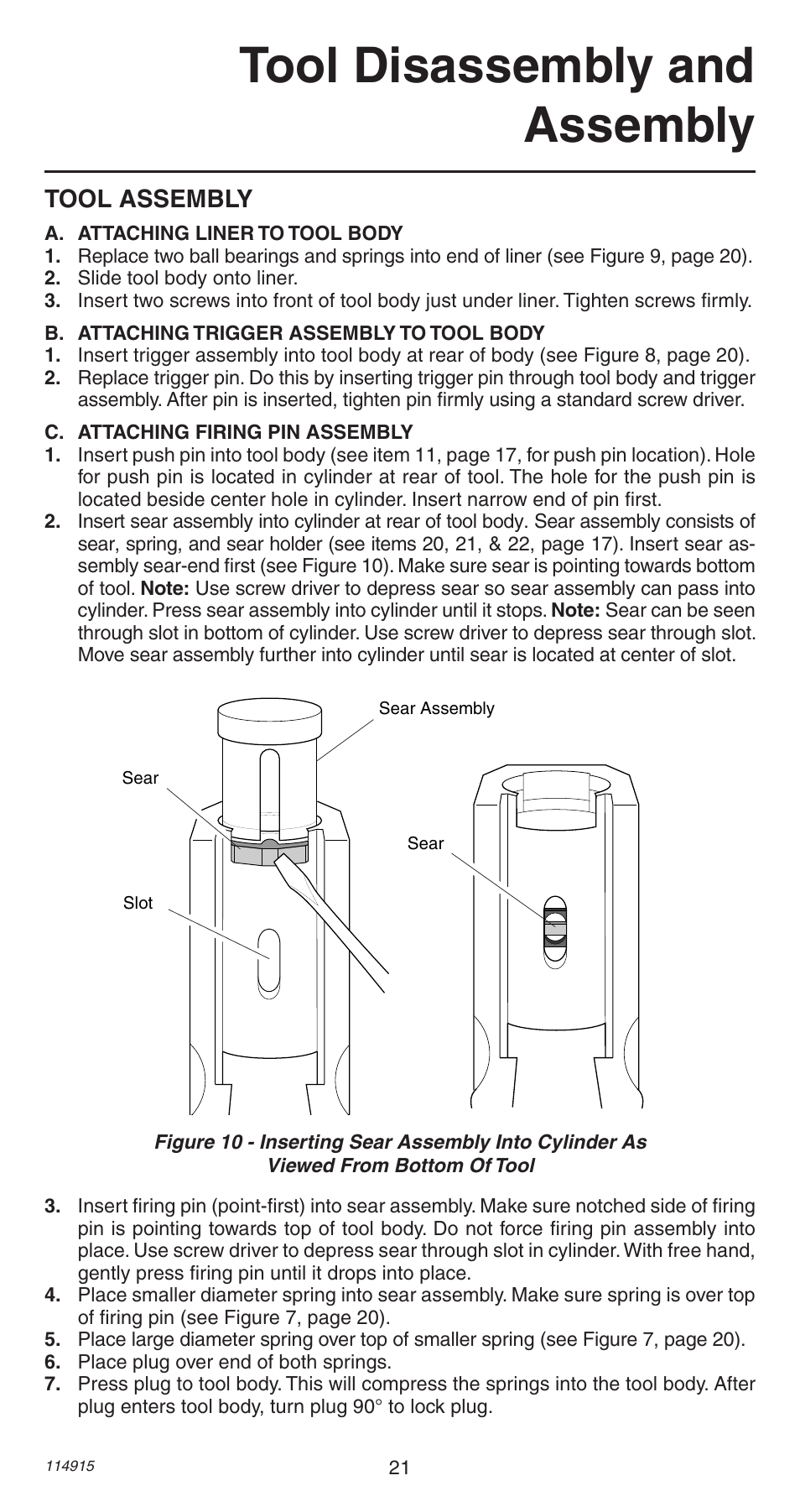 Tool disassembly and assembly, Tool assembly | Remington 498 User Manual | Page 21 / 88