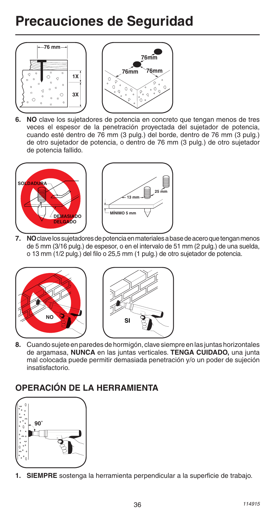 Precauciones de seguridad, Operación de la herramienta | Remington 498 User Manual | Page 36 / 88