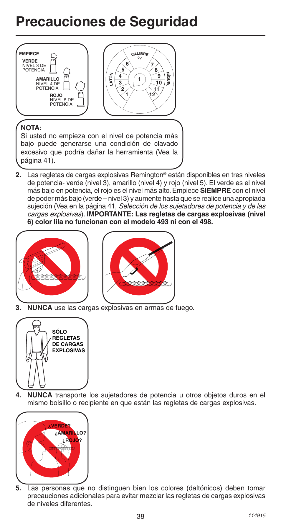 Precauciones de seguridad, Las regletas de cargas explosivas remington | Remington 498 User Manual | Page 38 / 88