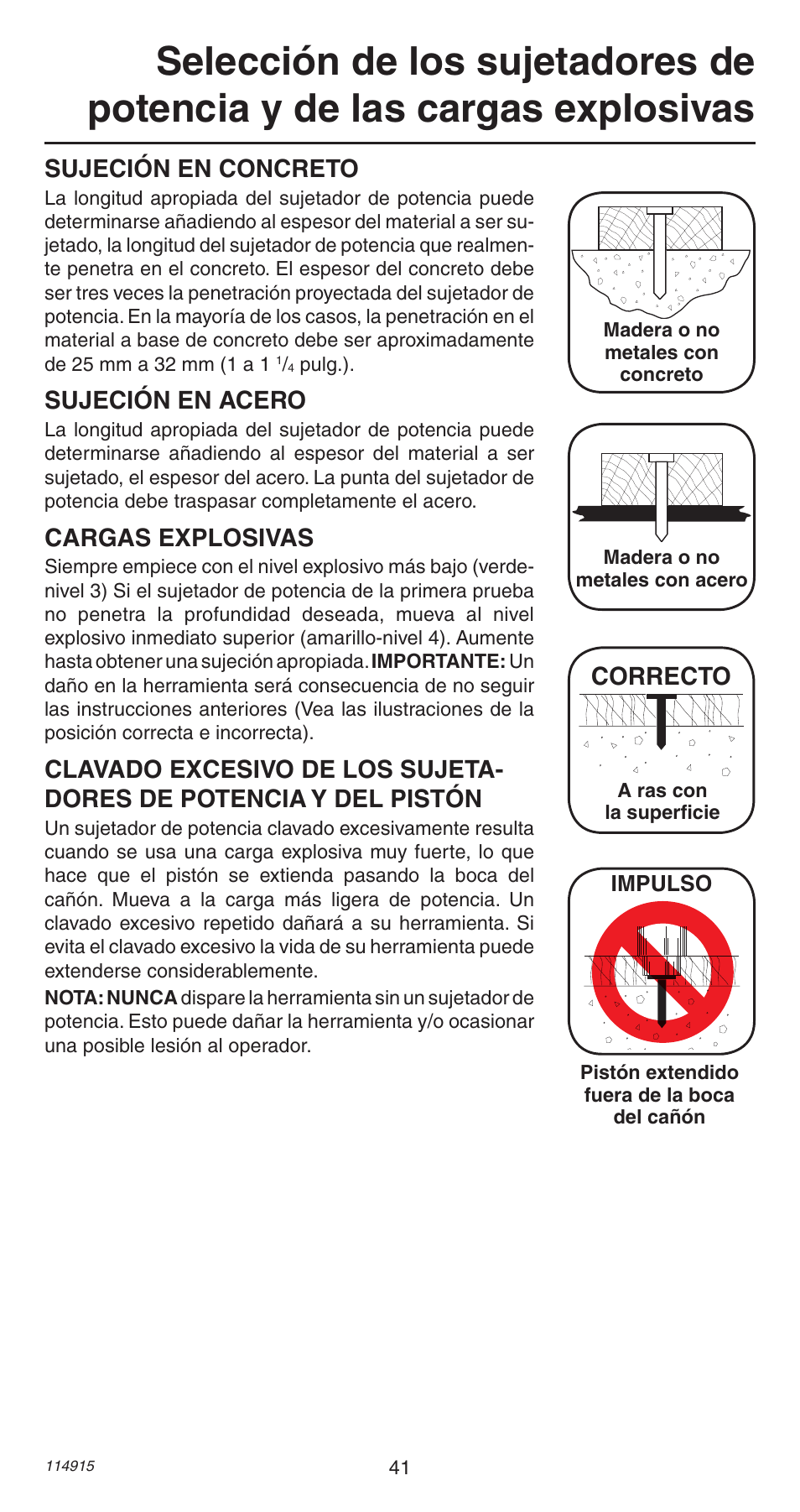 Sujeción en concreto, Sujeción en acero, Cargas explosivas | Correcto | Remington 498 User Manual | Page 41 / 88