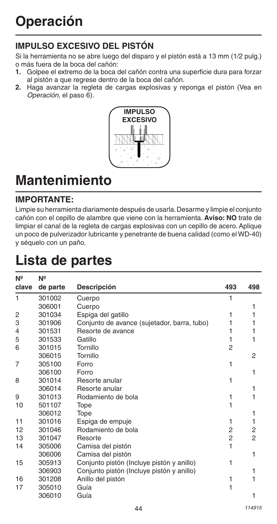 Mantenimiento, Operación, Lista de partes | Importante, Impulso excesivo del pistón | Remington 498 User Manual | Page 44 / 88