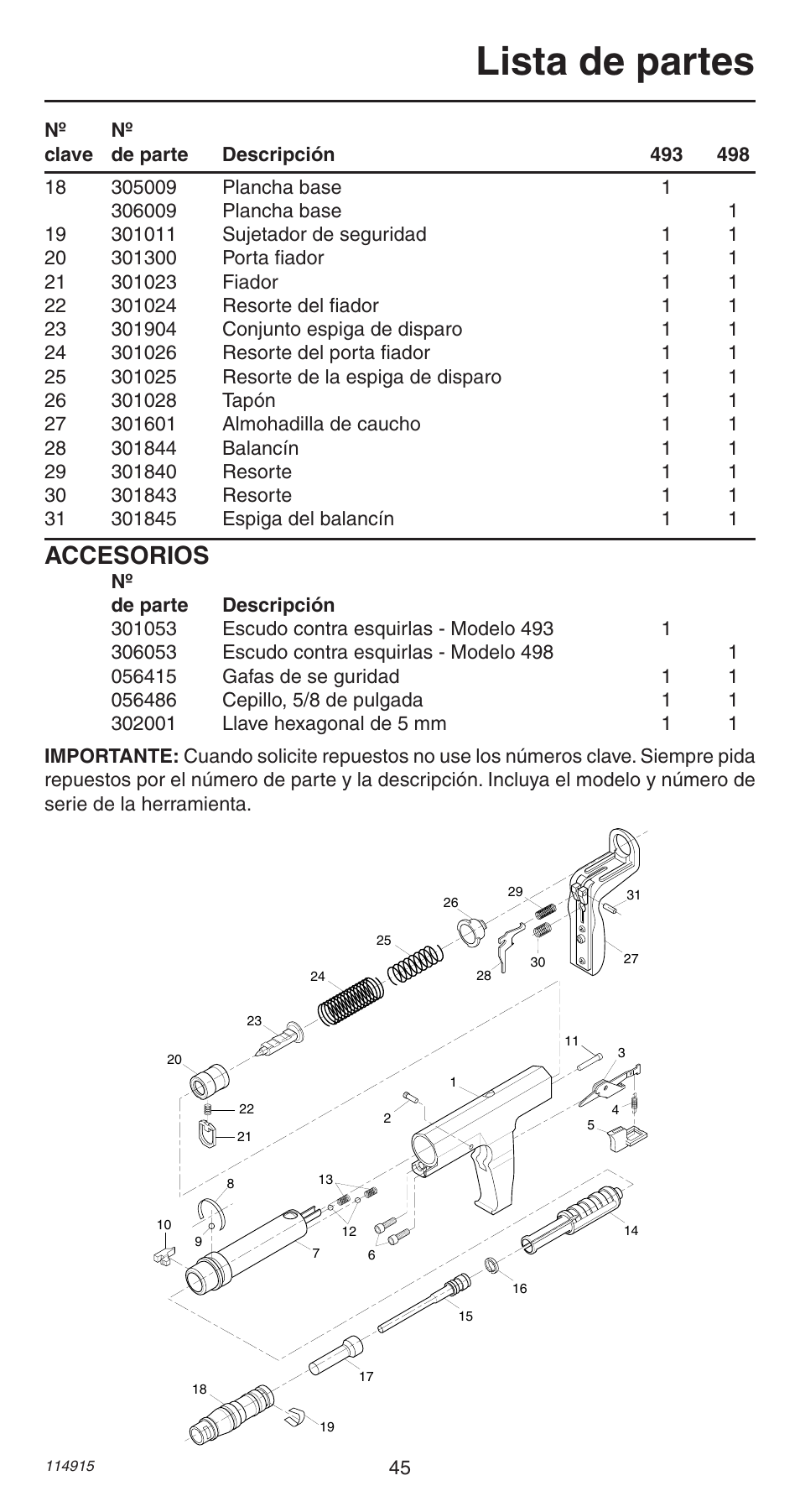 Lista de partes, Accesorios | Remington 498 User Manual | Page 45 / 88
