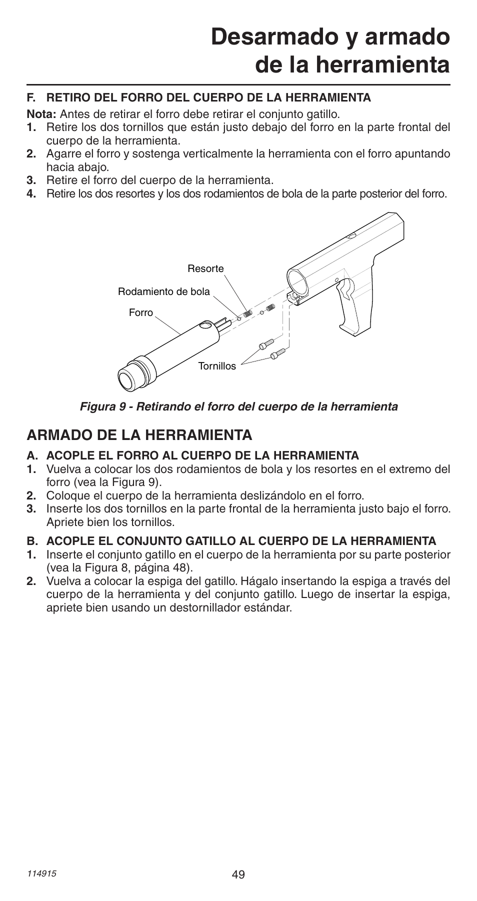 Desarmado y armado de la herramienta, Armado de la herramienta | Remington 498 User Manual | Page 49 / 88