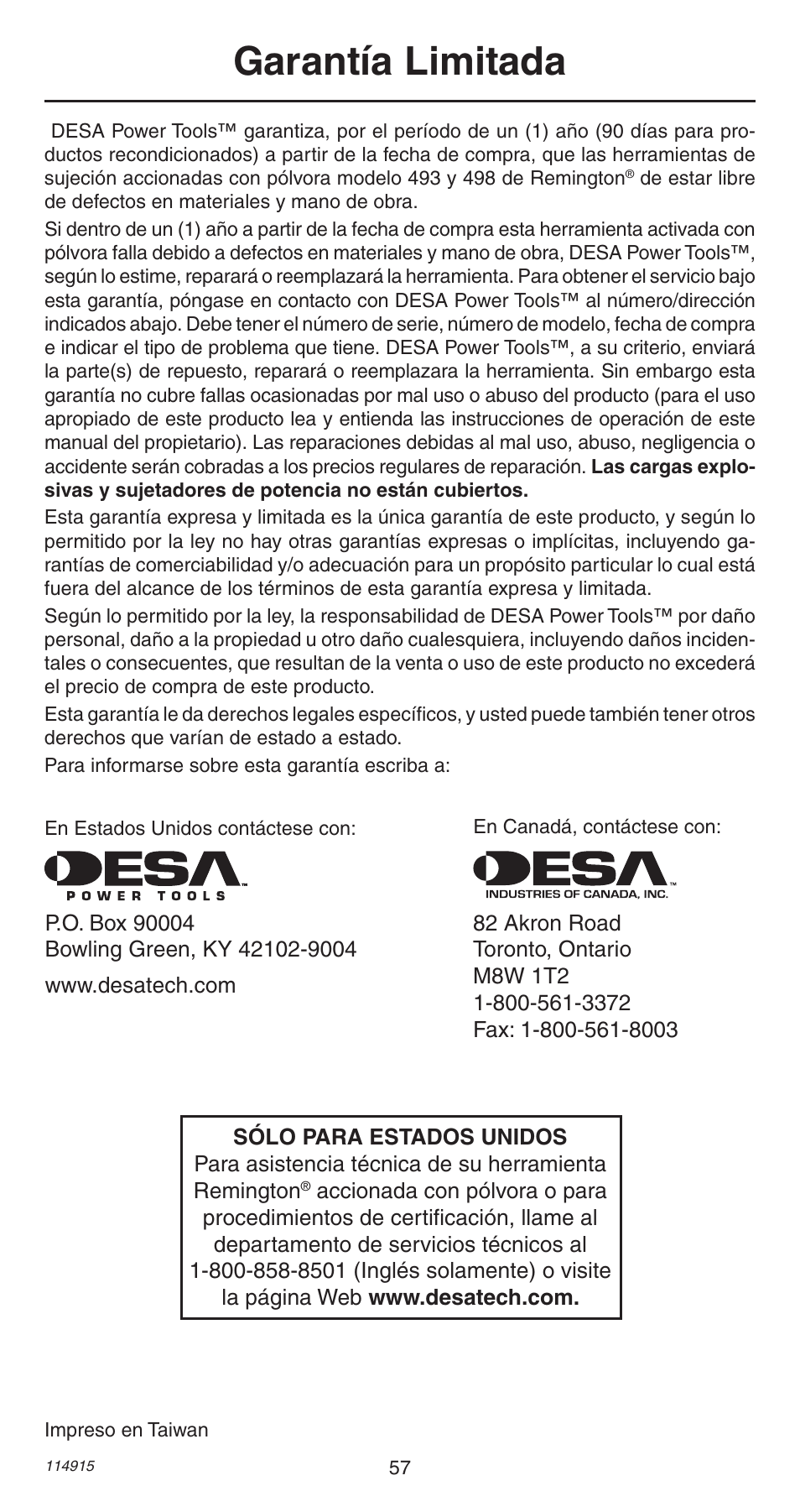 Garantía limitada | Remington 498 User Manual | Page 57 / 88