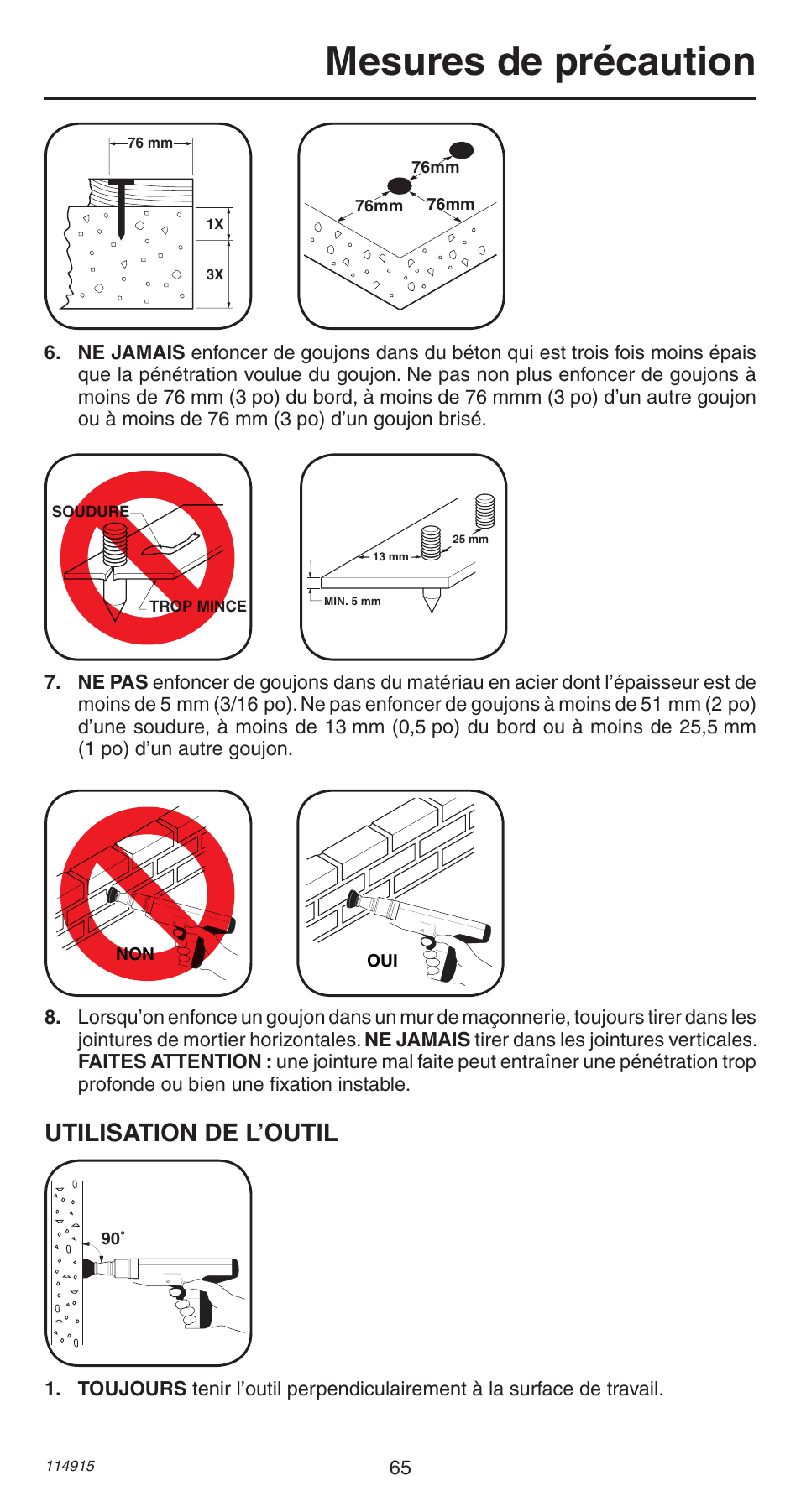 Mesures de précaution, Utilisation de l’outil | Remington 498 User Manual | Page 65 / 88