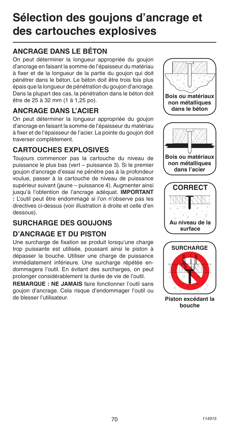 Ancrage dans le béton, Ancrage dans l’acier, Cartouches explosives | Surcharge des goujons d’ancrage et du piston, Correct | Remington 498 User Manual | Page 70 / 88