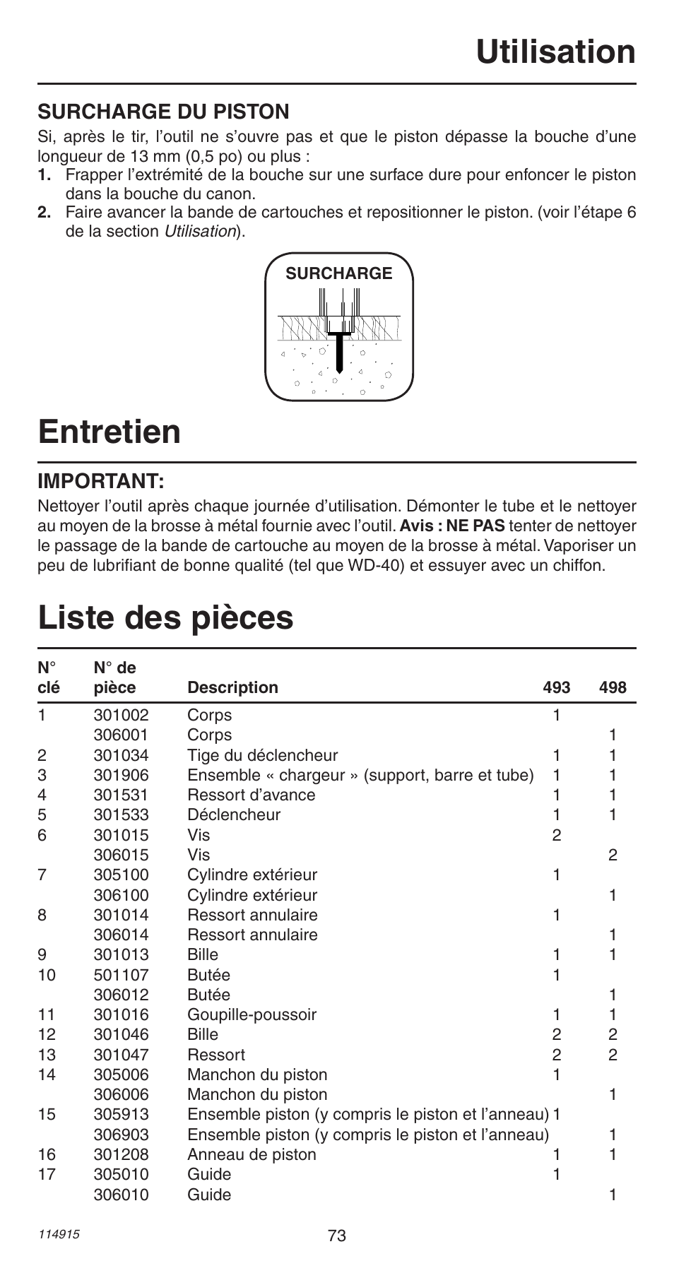 Entretien, Liste des pièces utilisation, Important | Surcharge du piston | Remington 498 User Manual | Page 73 / 88