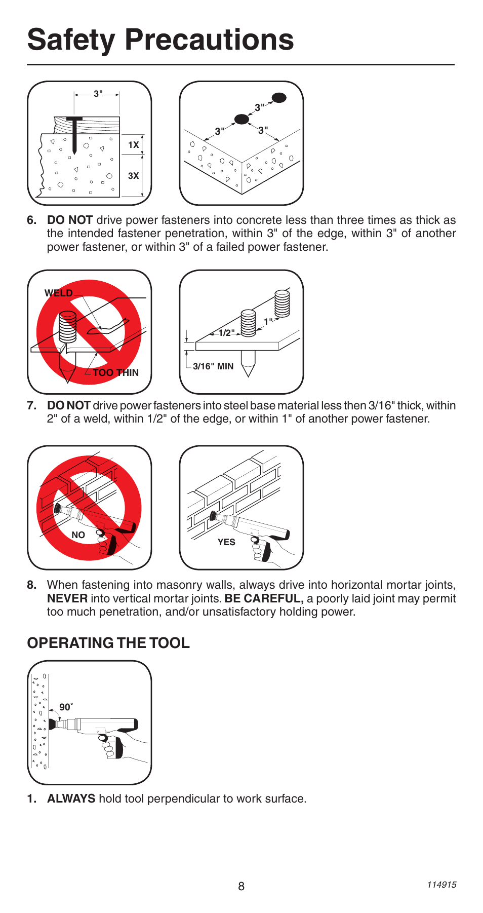 Safety precautions, Operating the tool | Remington 498 User Manual | Page 8 / 88