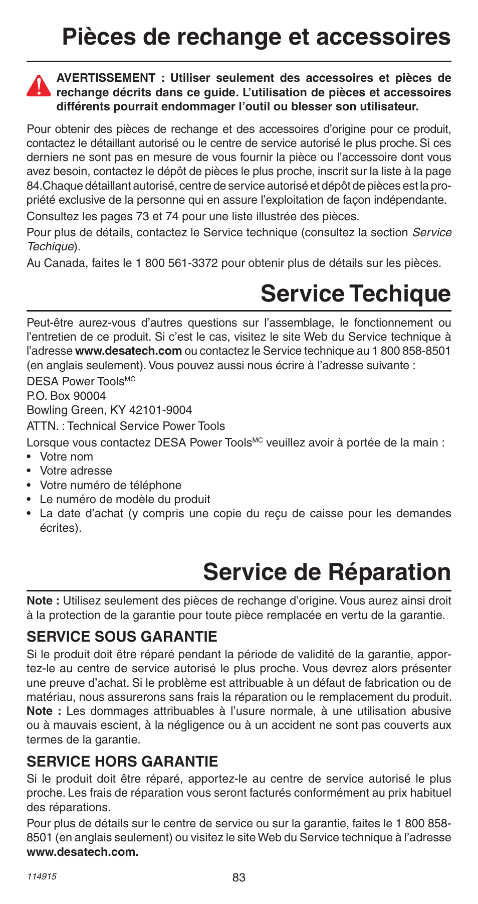 Service de réparation, Service techique, Pièces de rechange et accessoires | Service sous garantie, Service hors garantie | Remington 498 User Manual | Page 83 / 88
