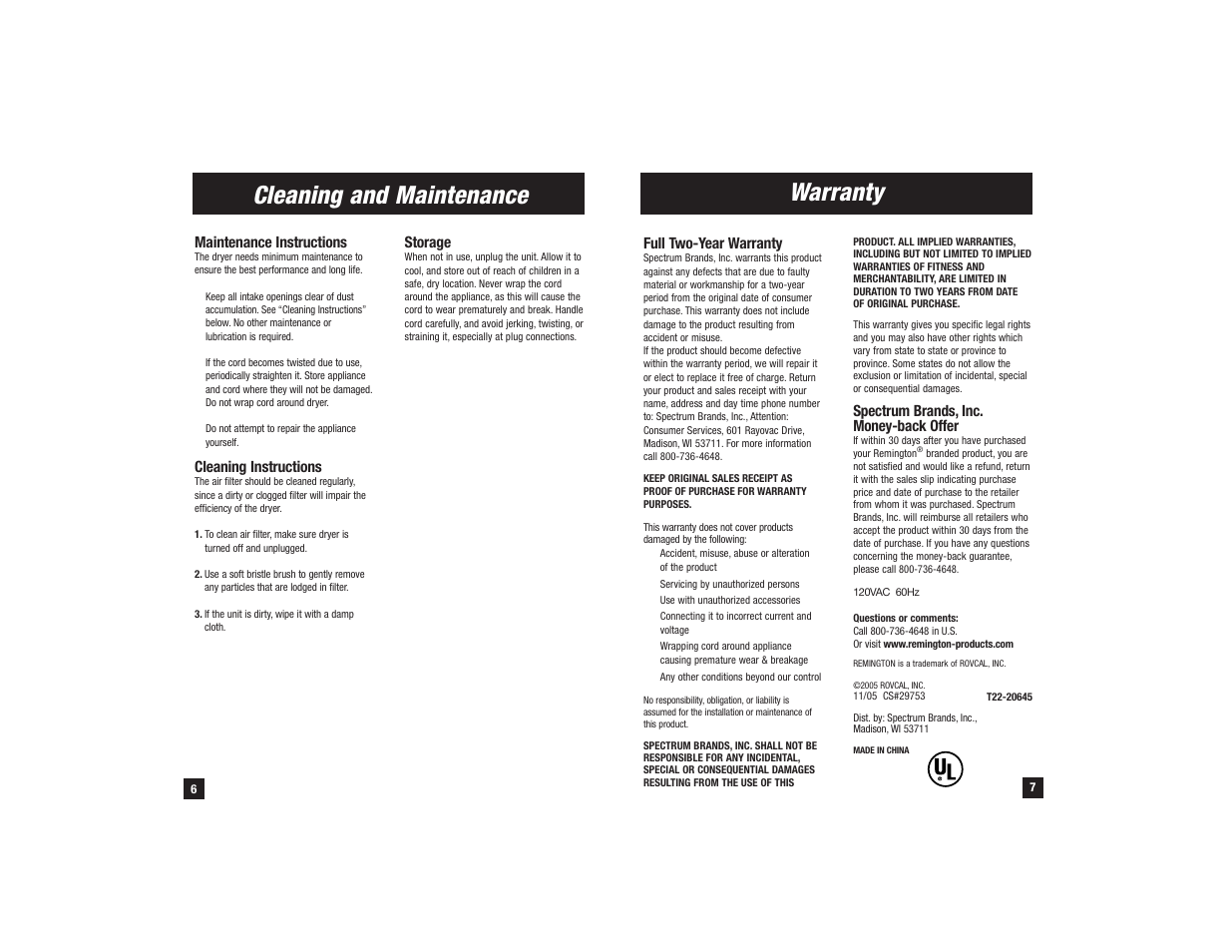 Cleaning and maintenance, Warranty | Remington TI-2000 User Manual | Page 4 / 5