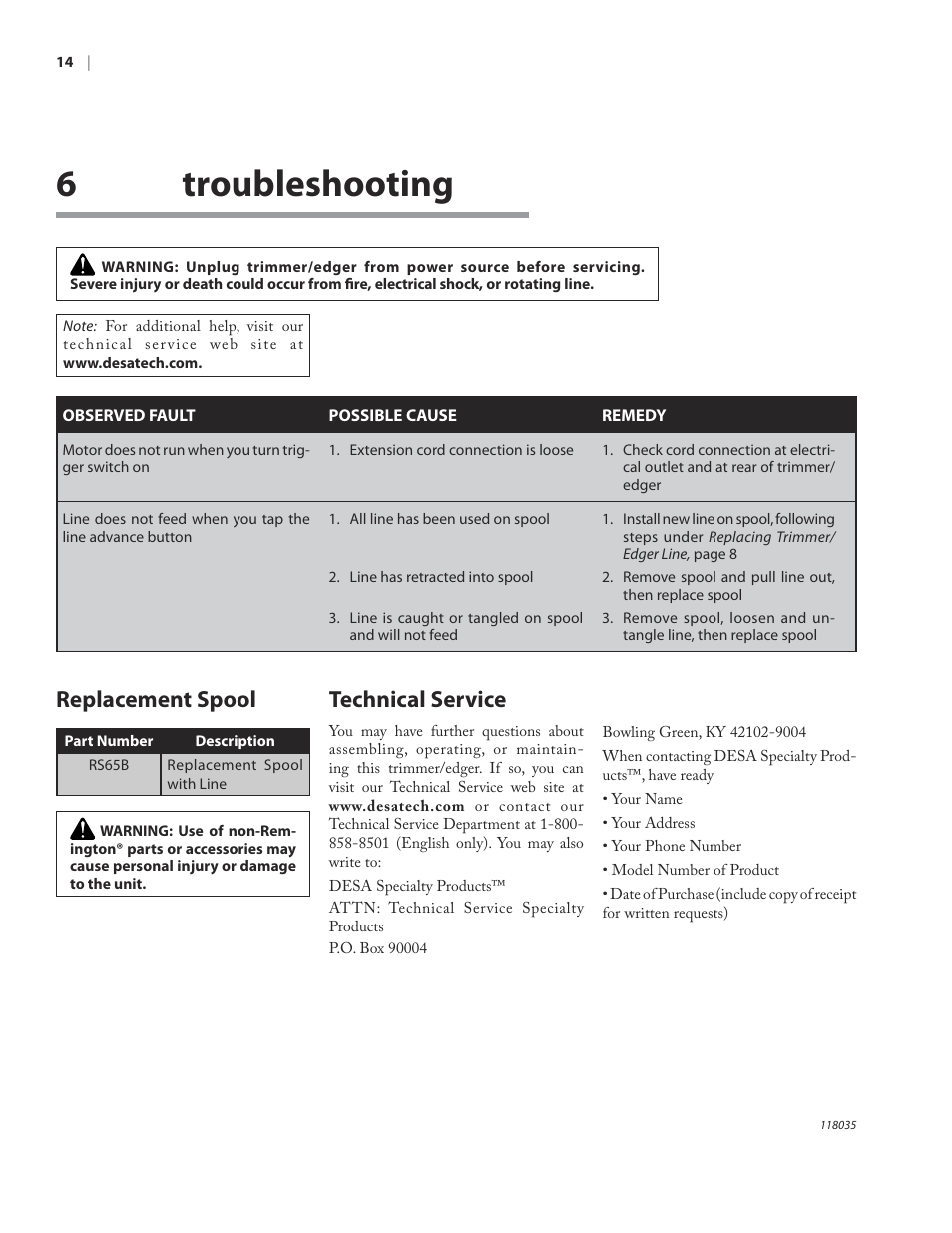 6troubleshooting, Technical service, Replacement spool | Remington ST3812B User Manual | Page 18 / 64