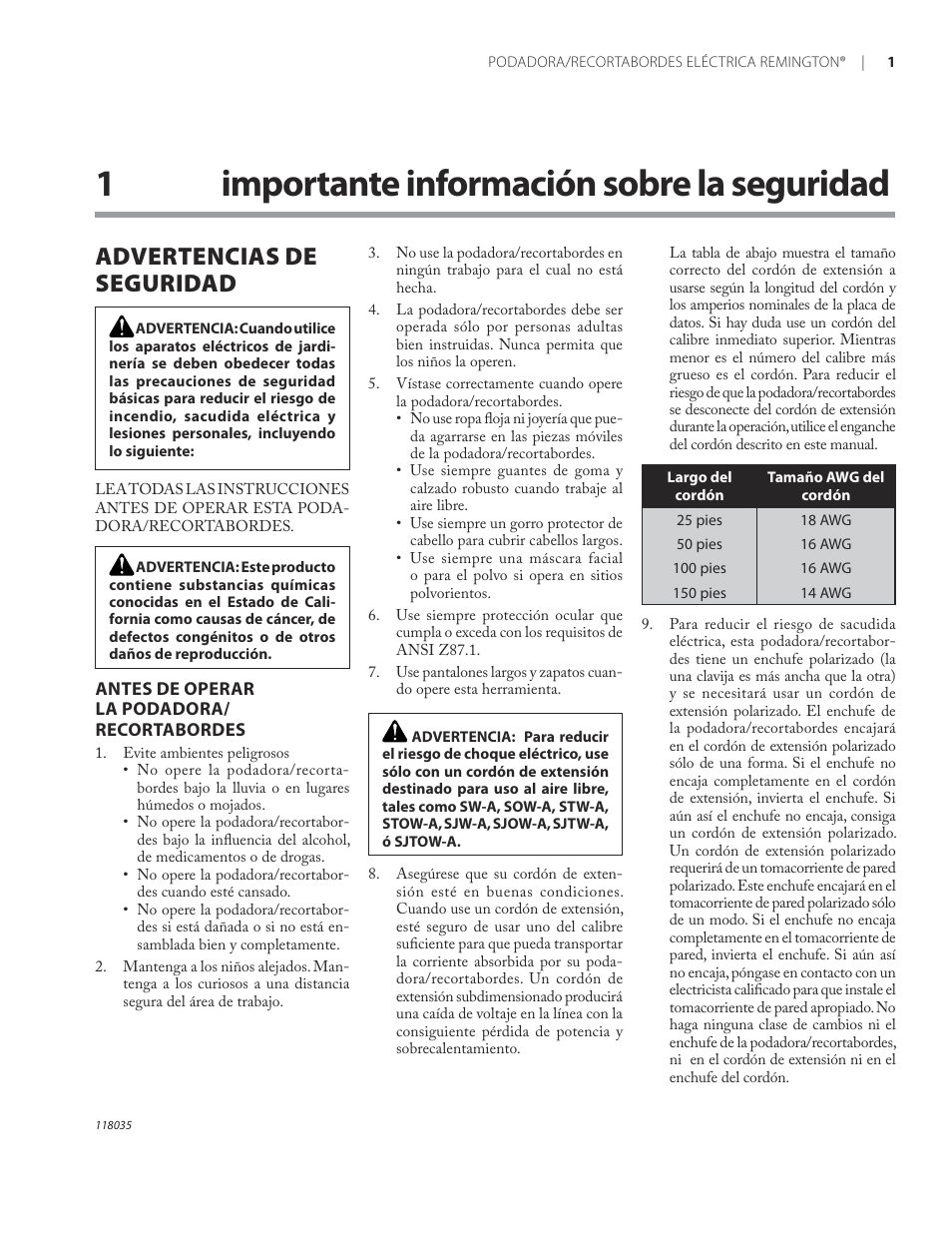 1importante información sobre la seguridad, Advertencias de seguridad | Remington ST3812B User Manual | Page 25 / 64