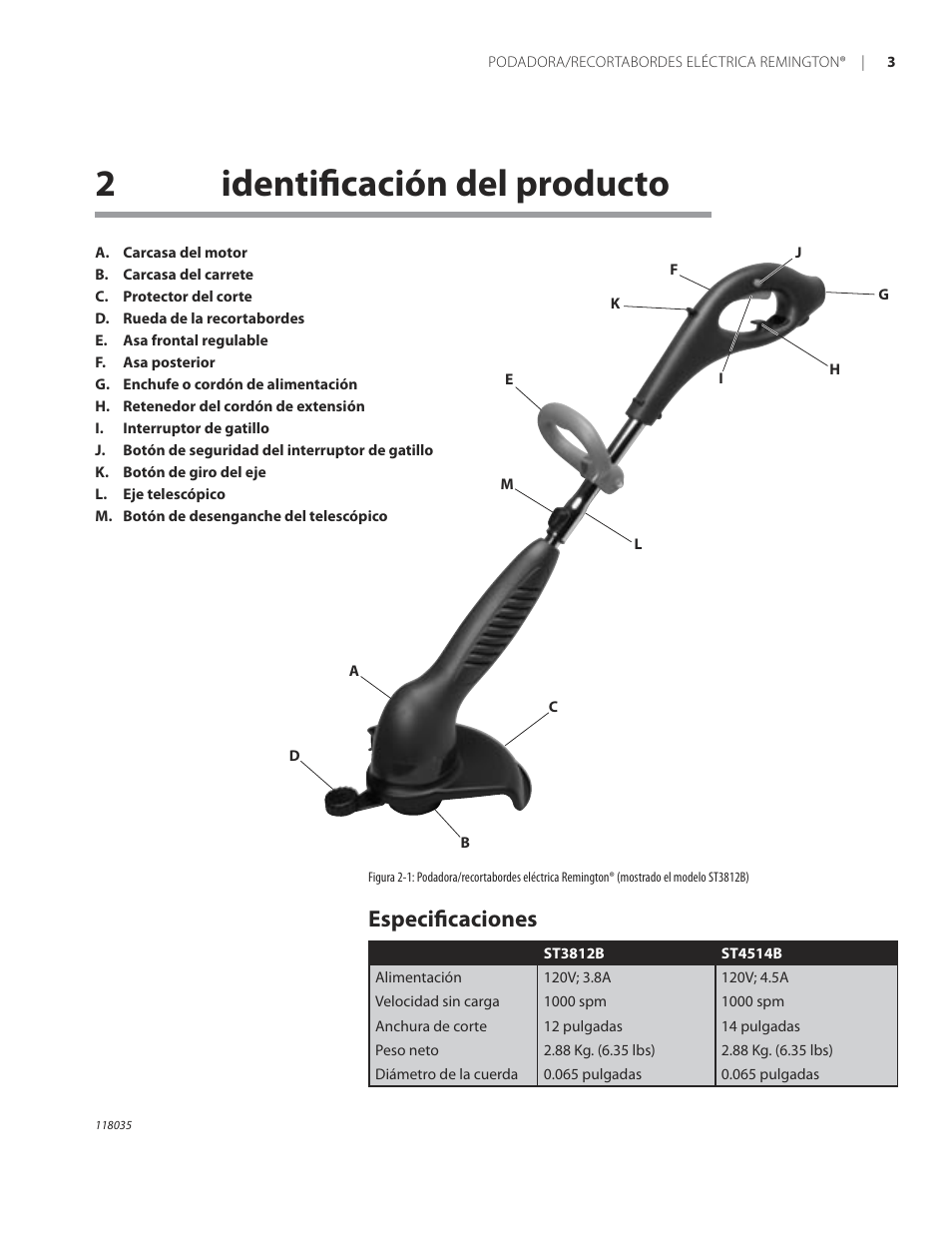 2identiﬁcación del producto, Especiﬁcaciones | Remington ST3812B User Manual | Page 27 / 64