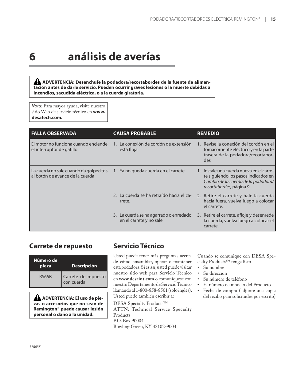 6análisis de averías, Carrete de repuesto, Servicio técnico | Remington ST3812B User Manual | Page 39 / 64