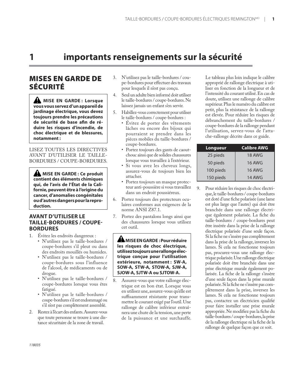 1importants renseignements sur la sécurité, Mises en garde de sécurité | Remington ST3812B User Manual | Page 47 / 64