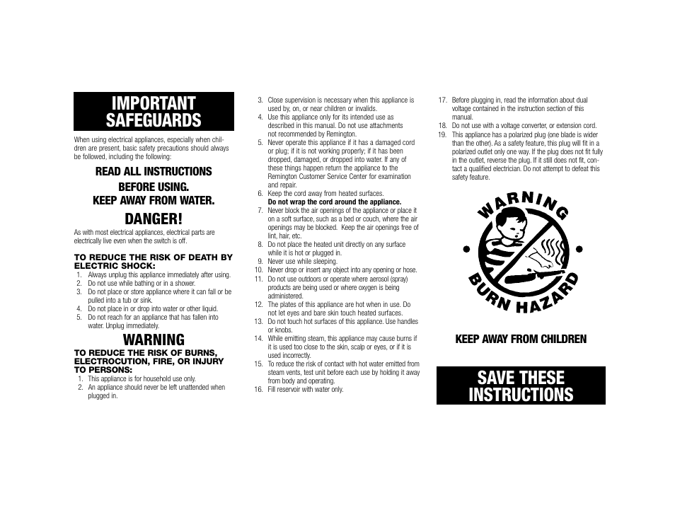 Important safeguards, Save these instructions, Danger | Warning, Keep away from children | Remington C-1100i User Manual | Page 2 / 6