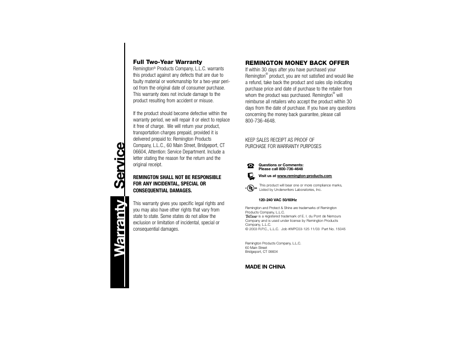 Wa rranty service | Remington C-1100i User Manual | Page 6 / 6