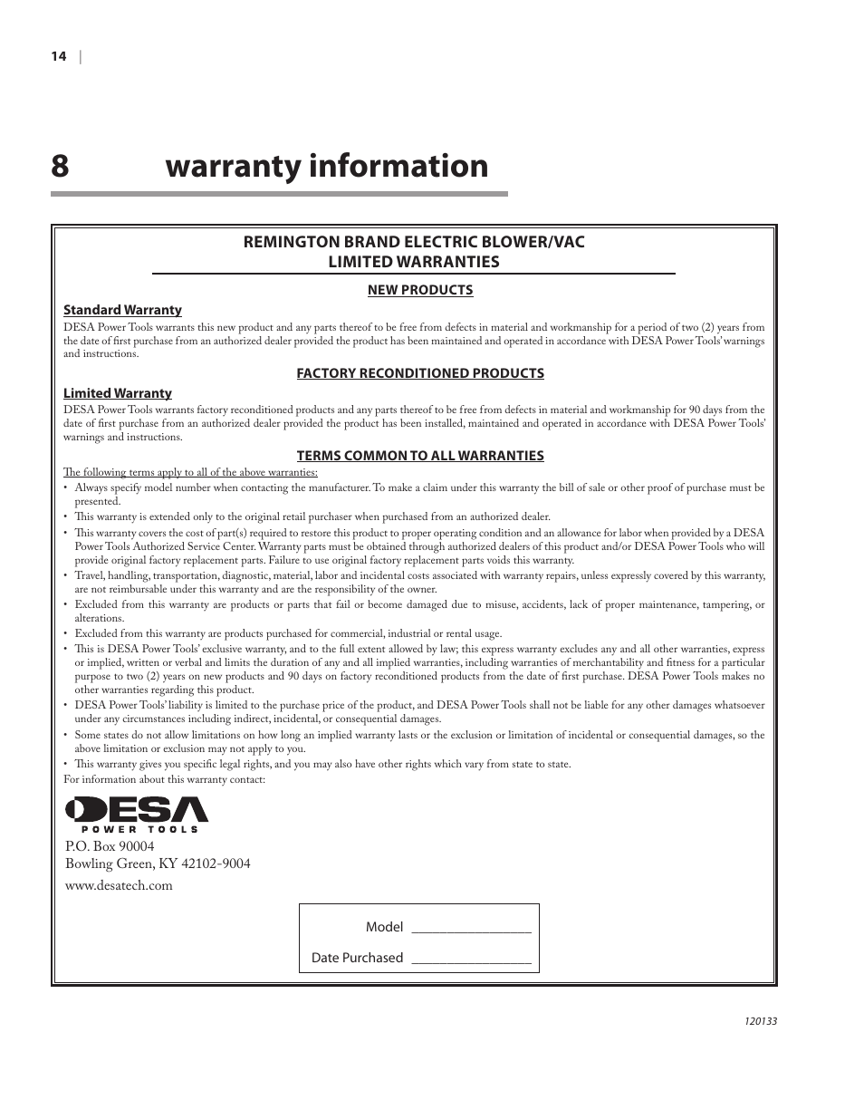 8warranty information | Remington BV12200A User Manual | Page 18 / 60