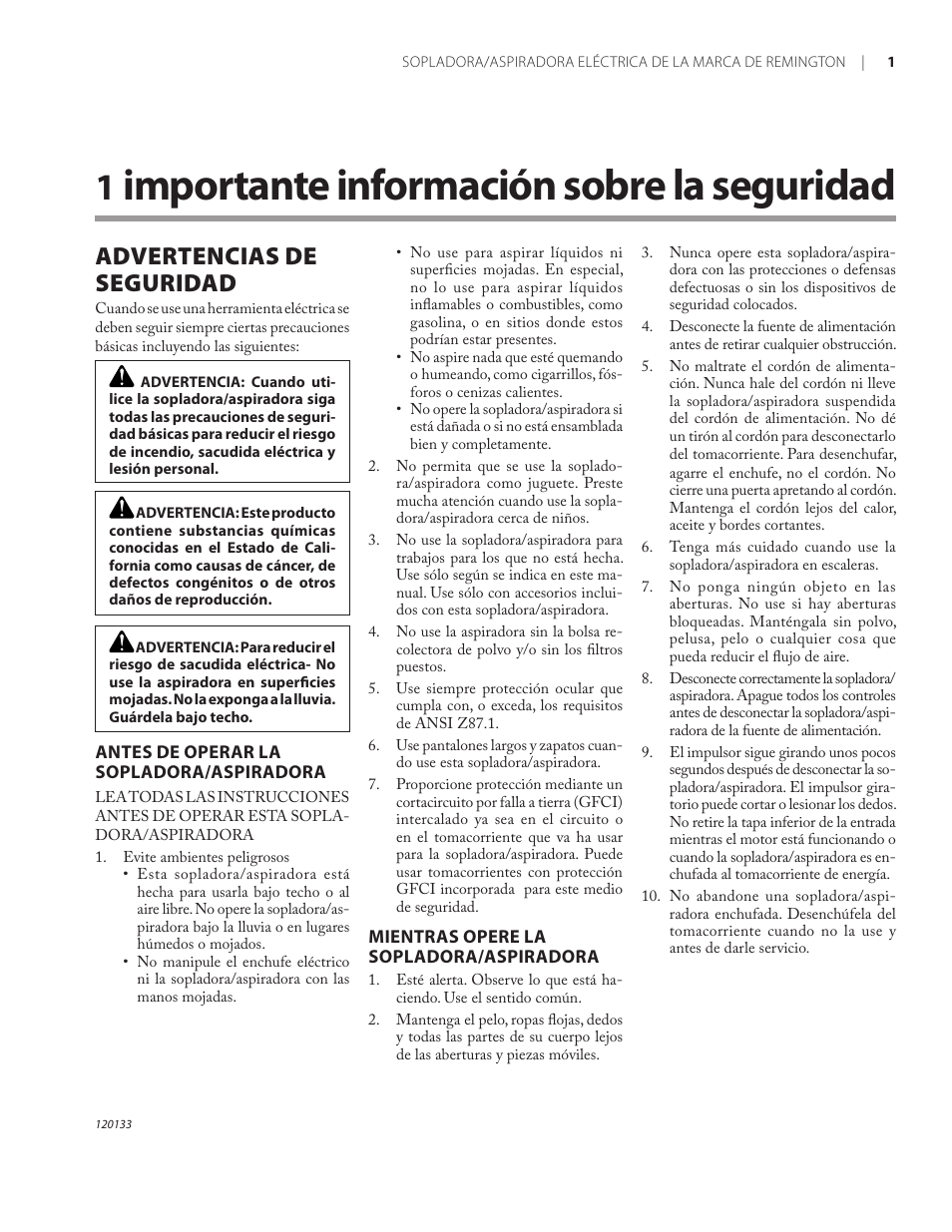 Importante información sobre la seguridad, Advertencias de seguridad | Remington BV12200A User Manual | Page 23 / 60