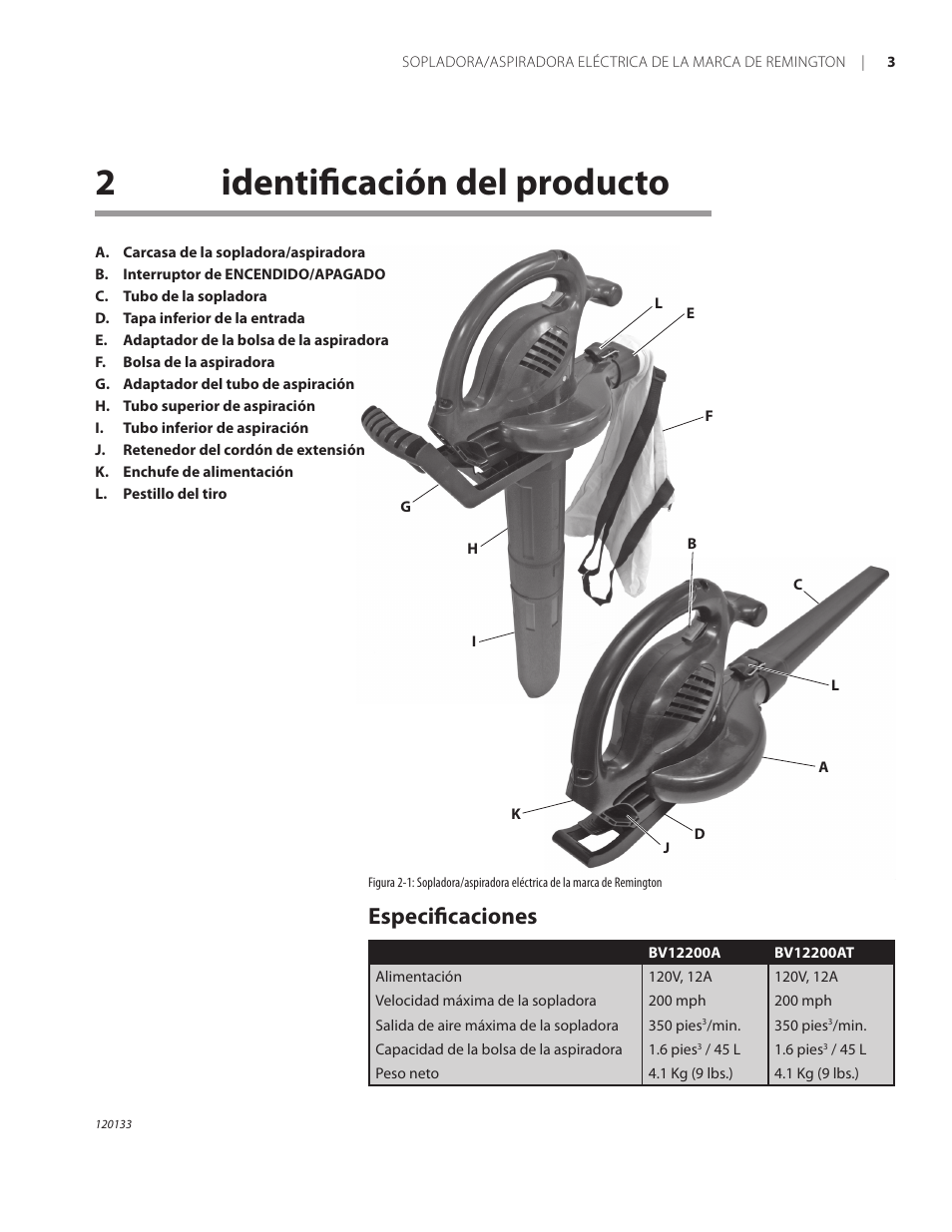 2identificación del producto, Especificaciones | Remington BV12200A User Manual | Page 25 / 60