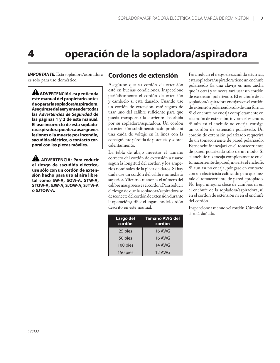 4operación de la sopladora/aspiradora, Cordones de extensión | Remington BV12200A User Manual | Page 29 / 60
