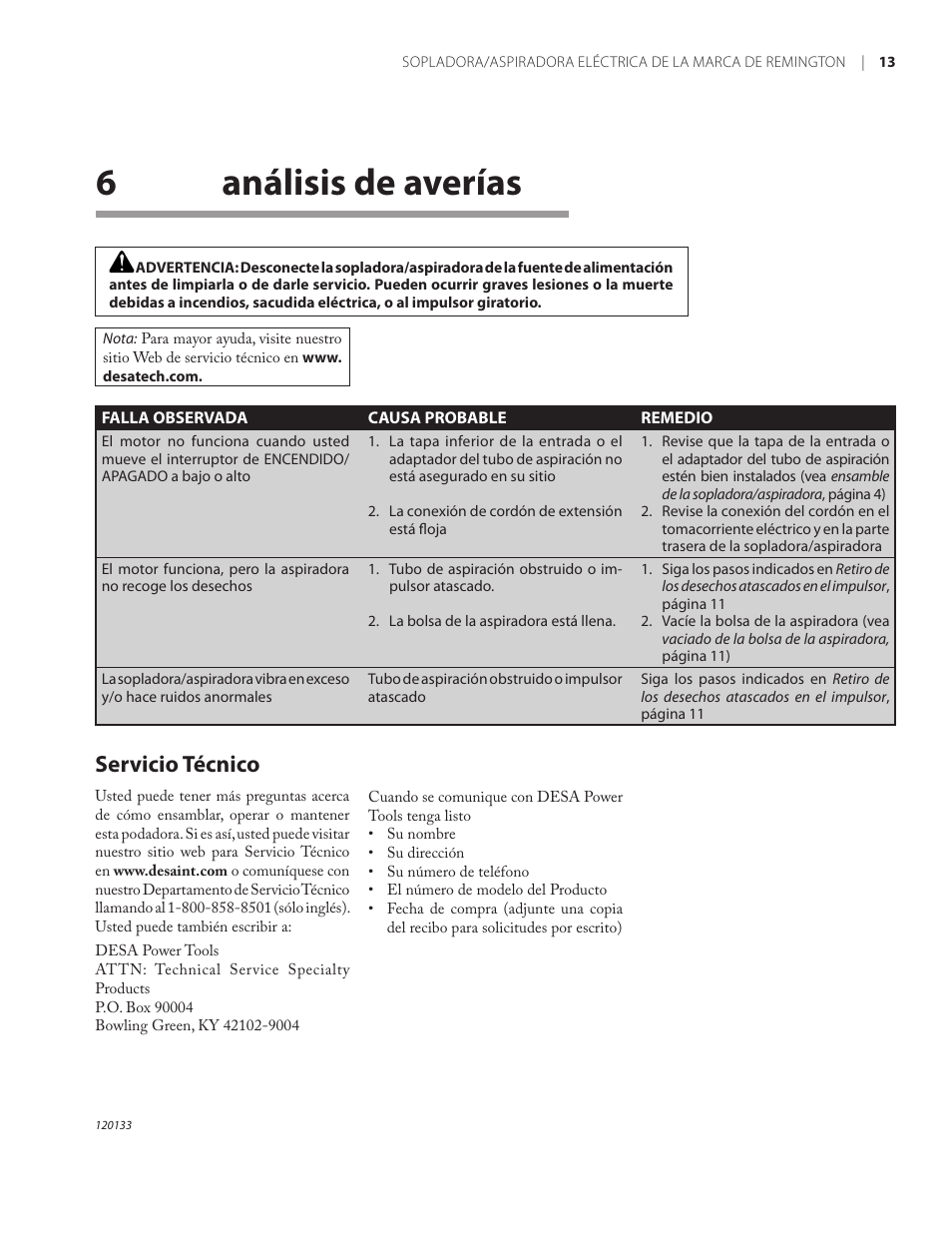 6análisis de averías, Servicio técnico | Remington BV12200A User Manual | Page 35 / 60