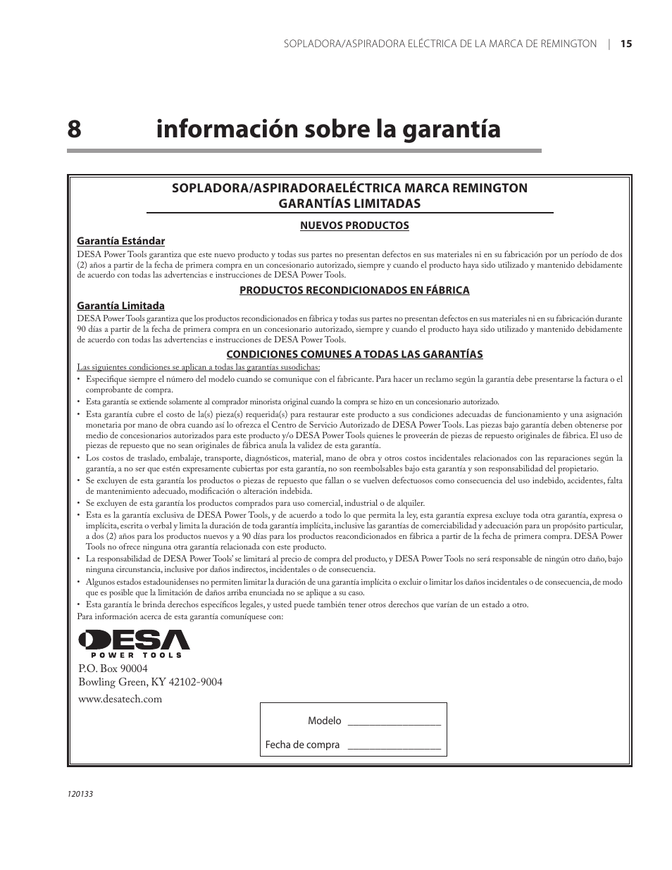 8información sobre la garantía | Remington BV12200A User Manual | Page 37 / 60