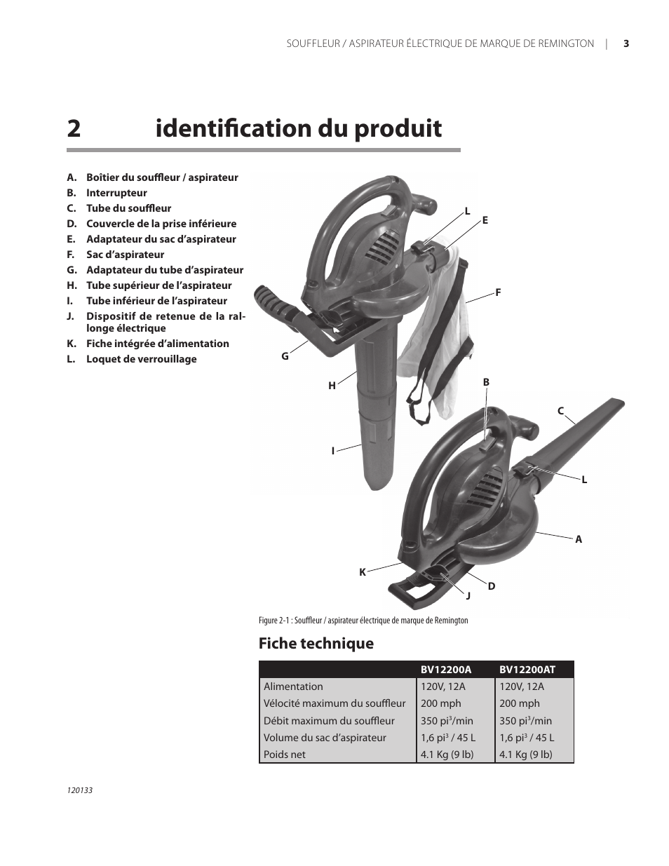 2identification du produit, Fiche technique | Remington BV12200A User Manual | Page 45 / 60