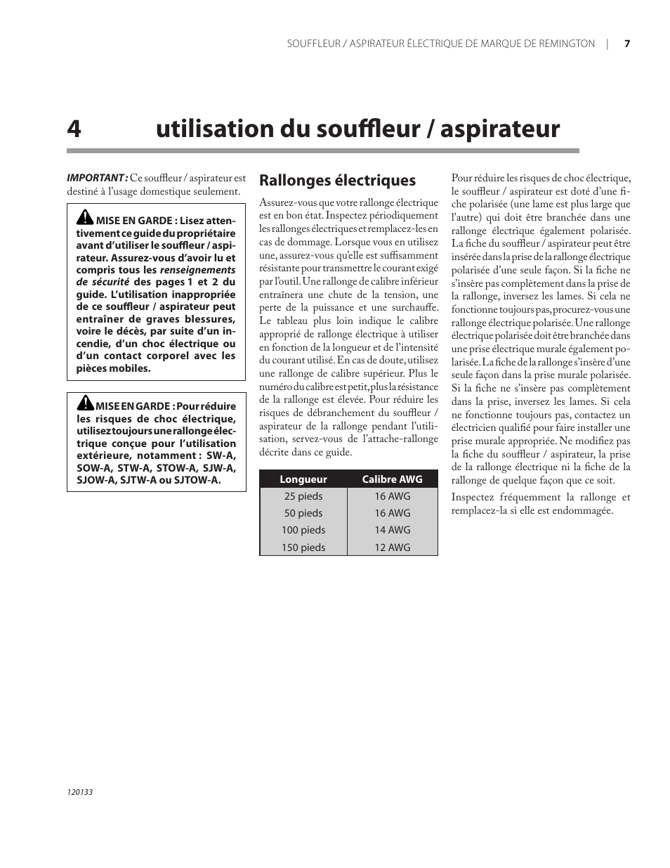 4utilisation du souffleur / aspirateur, Rallonges électriques | Remington BV12200A User Manual | Page 49 / 60