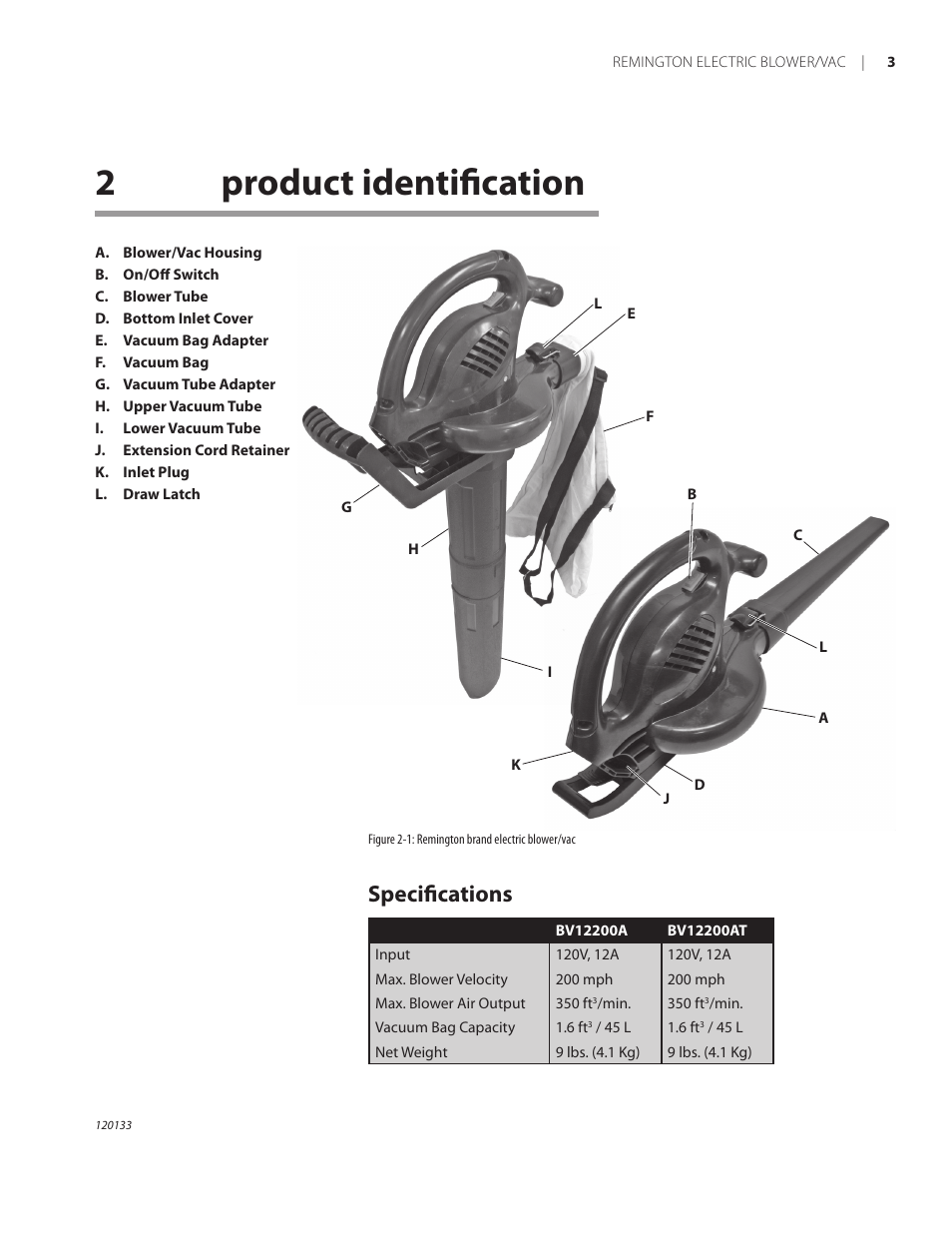 2product identification, Specifications | Remington BV12200A User Manual | Page 7 / 60