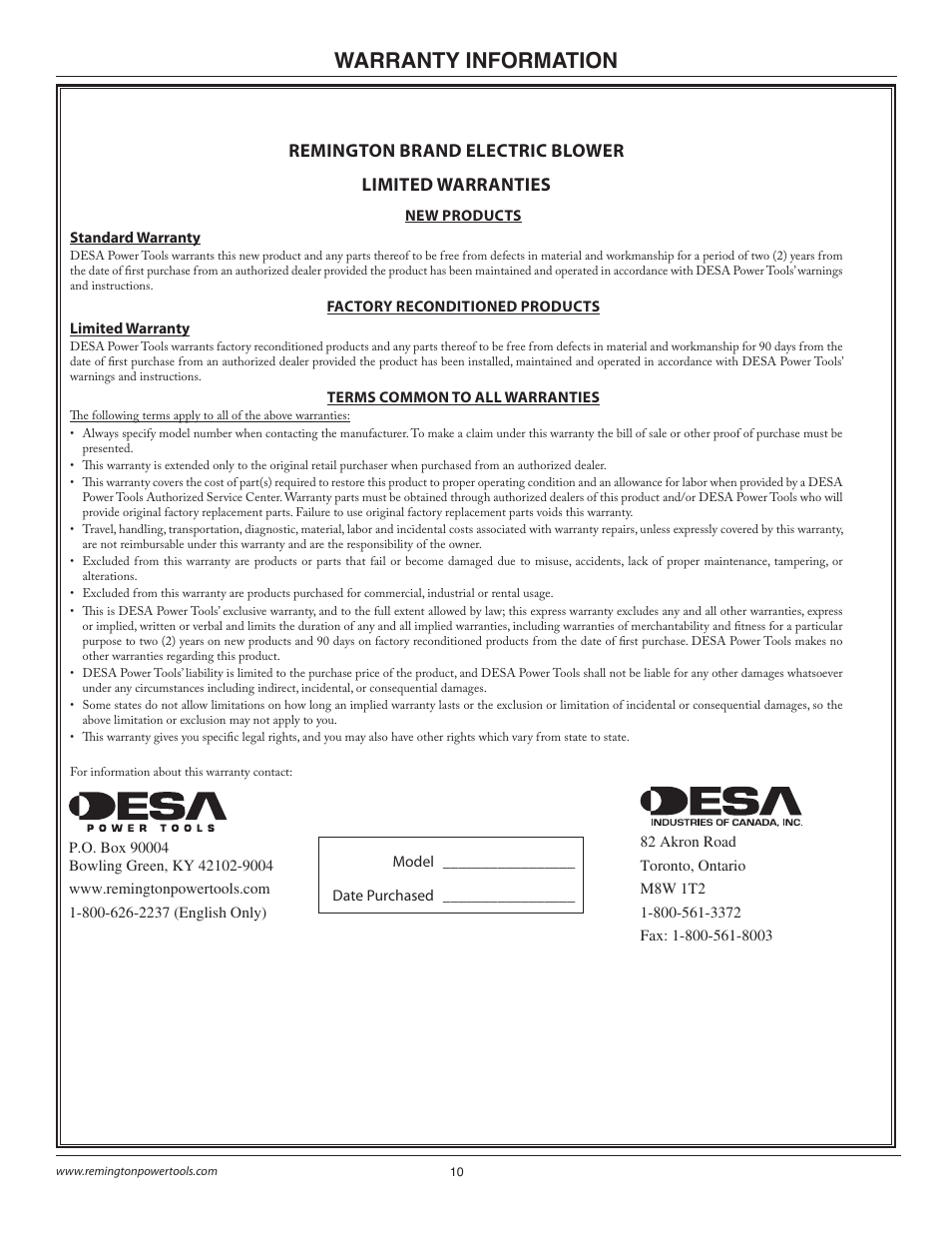 Warranty information, Remington brand electric blower limited warranties | Remington B75150A User Manual | Page 10 / 31