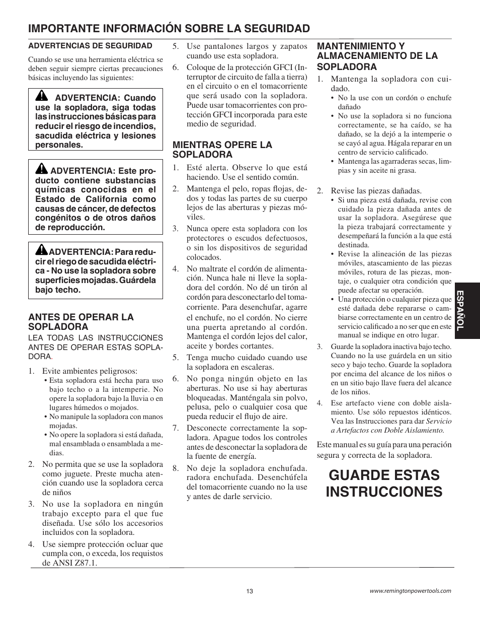 Guarde estas instrucciones, Importante información sobre la seguridad | Remington B75150A User Manual | Page 13 / 31