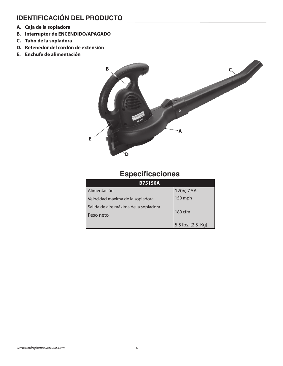 Especifi caciones, Identificación del producto | Remington B75150A User Manual | Page 14 / 31