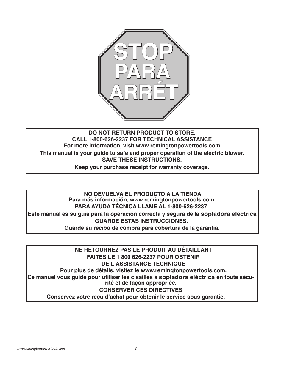 Stop, Para, Para arré arrét t | Remington B75150A User Manual | Page 2 / 31