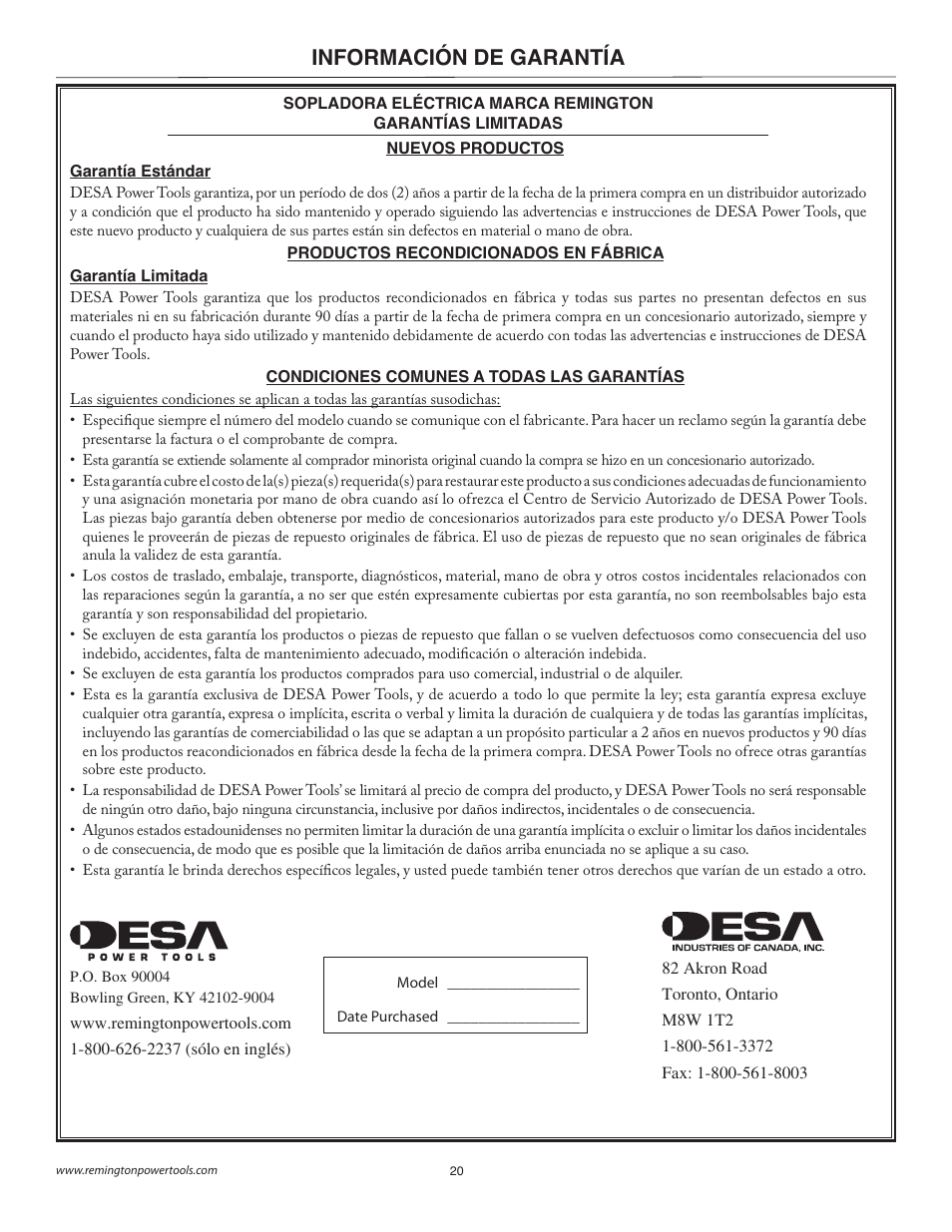 Información de garantía | Remington B75150A User Manual | Page 20 / 31