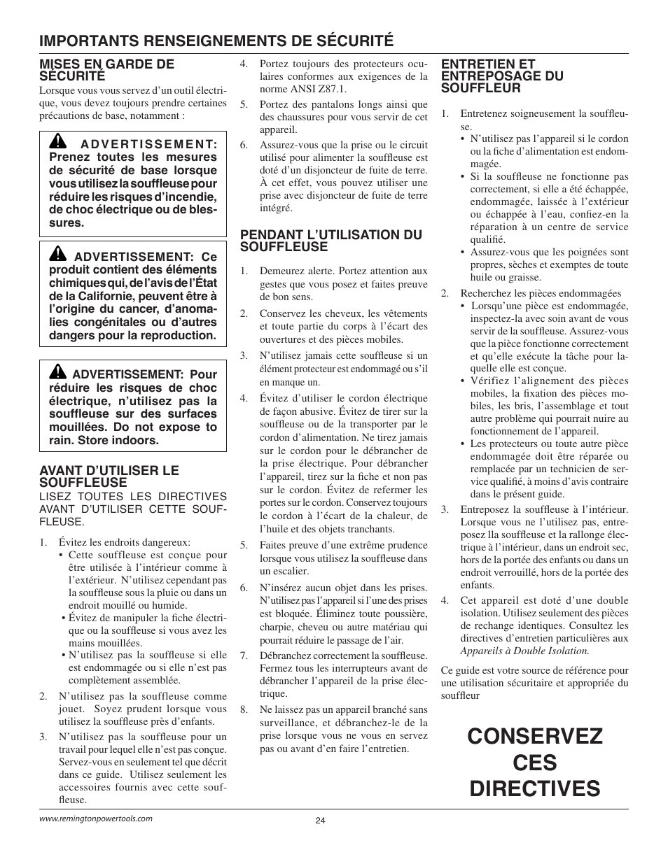 Conservez ces directives, Importants renseignements de sécurité | Remington B75150A User Manual | Page 23 / 31