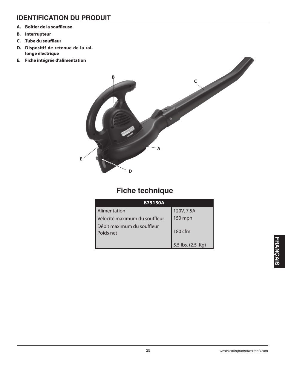 Fiche technique, Identification du produit | Remington B75150A User Manual | Page 24 / 31