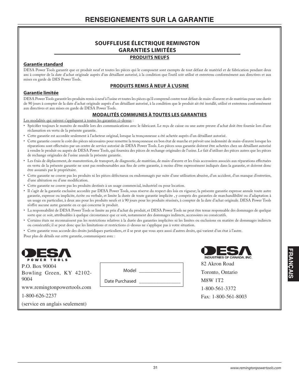 Renseignements sur la garantie, Souffleuse électrique remington garanties limitées, Français | Remington B75150A User Manual | Page 30 / 31