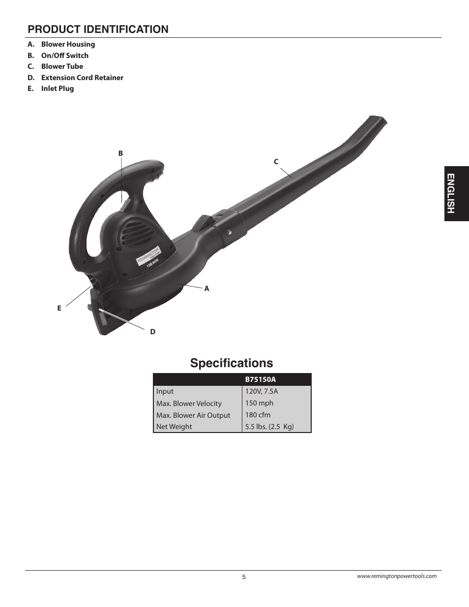 Specifi cations, Product identification | Remington B75150A User Manual | Page 5 / 31